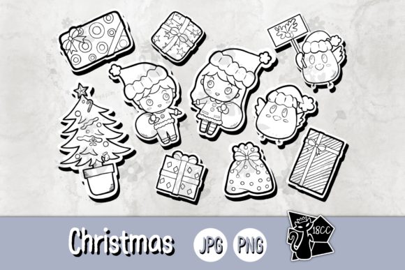 Christmas Element 02 Clipart Stickers BW Illustrations